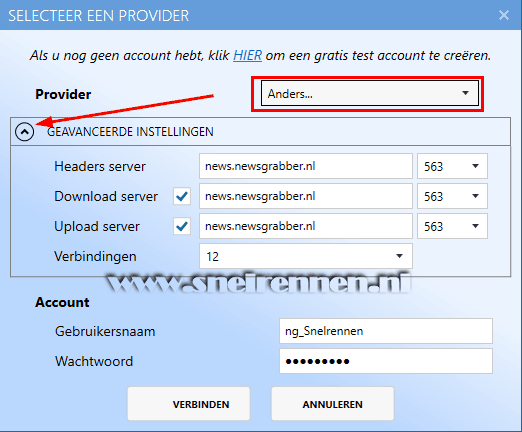 Spotnet 2.0. Usenet provider opgeven